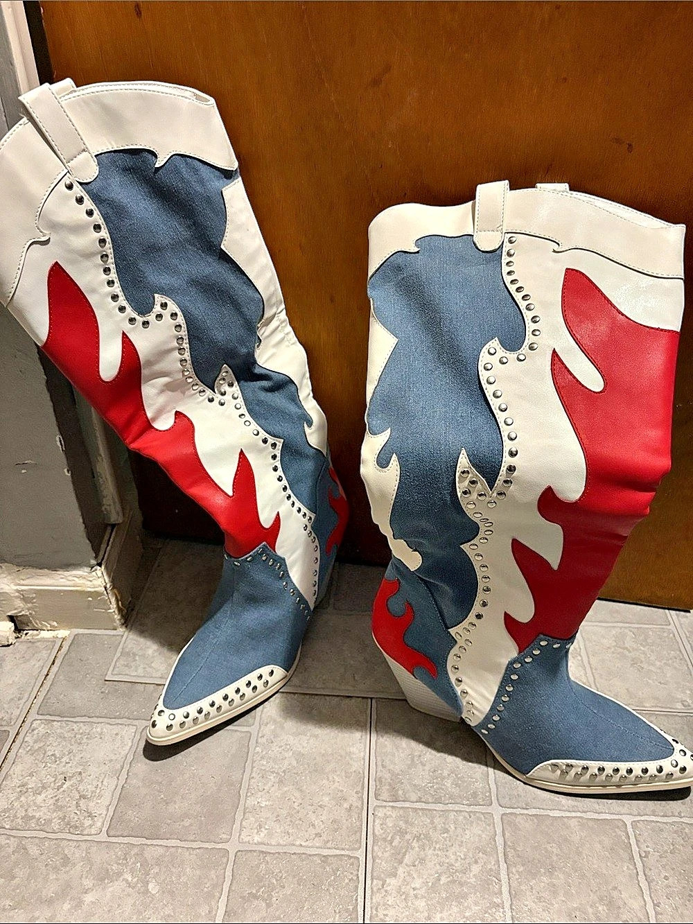 Western Over-the-Knee Boots in Blue & Red